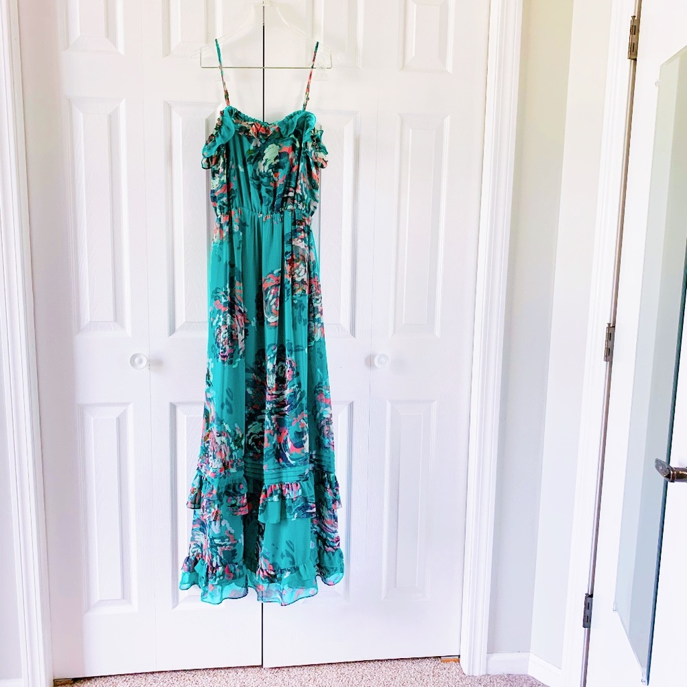 Cute Silk Flora print green maxi ruffle dress S